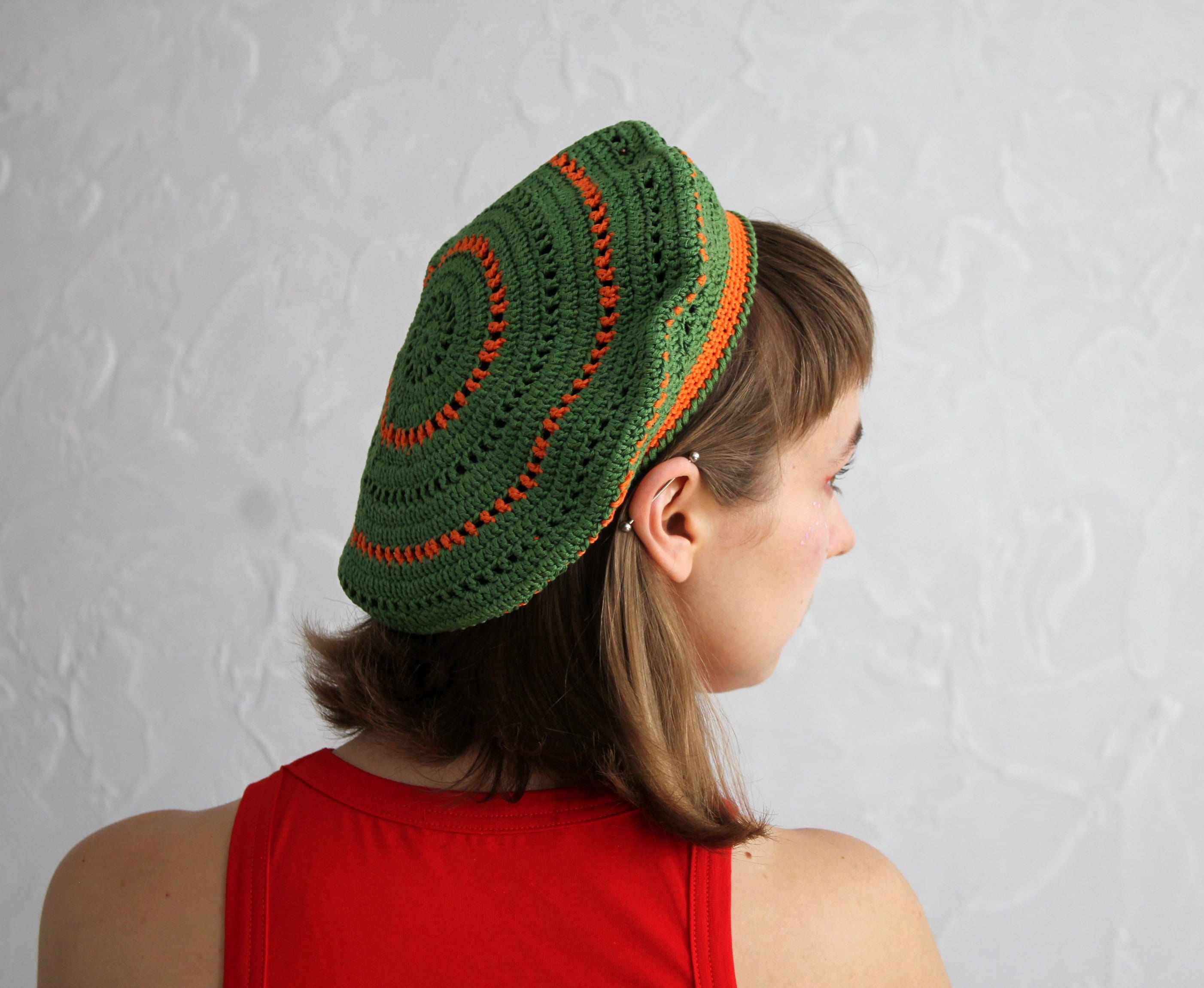 Crocheted Cotton Beret: Emerald Green Striped Tam, Hippie Style