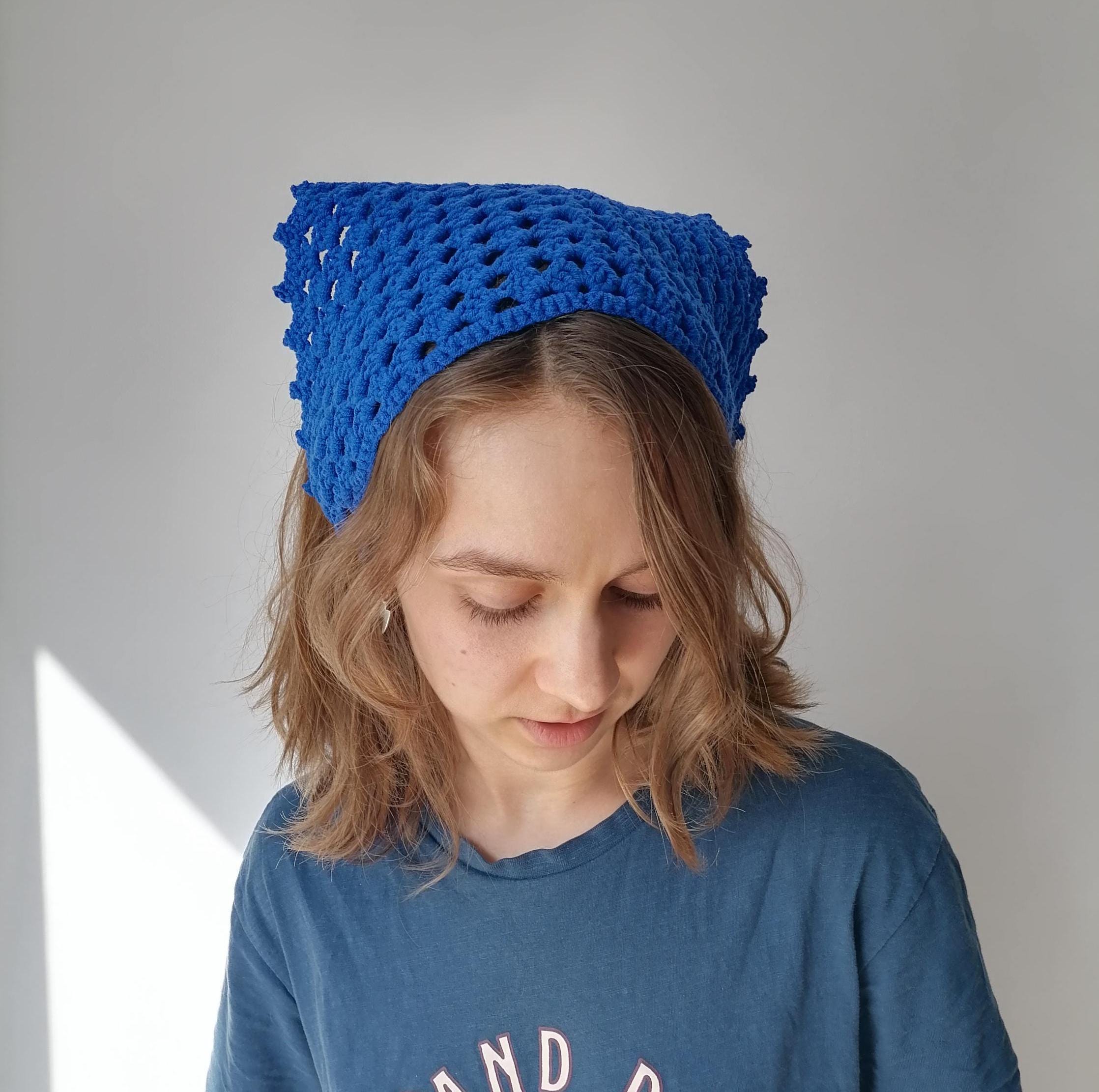 Blue Crochet Bandana Headscarf, Lace Cotton Kerchief, Hair  display picture 2