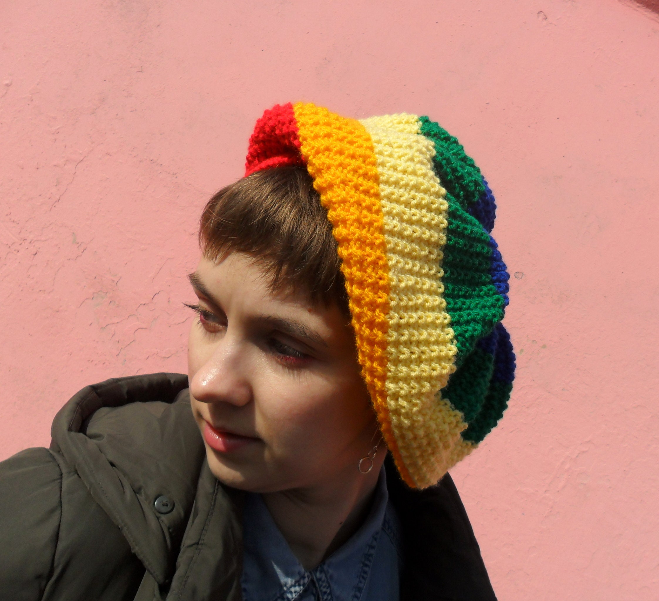 Rainbow Striped Knit Beret - Gay Pride LGBTQ Hat - Rastafarian Tam