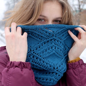 Hand Knit Merino Wool Cowl: Lacy Infinity Scarf Snood, Women&#39;s Crochet Neck Warmer
