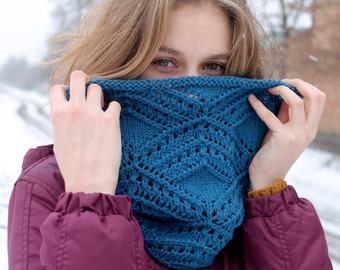 Crochet cowl snood, Infinity scarf, 100% merino wool neck warmer,  Lacy circle scarf for women