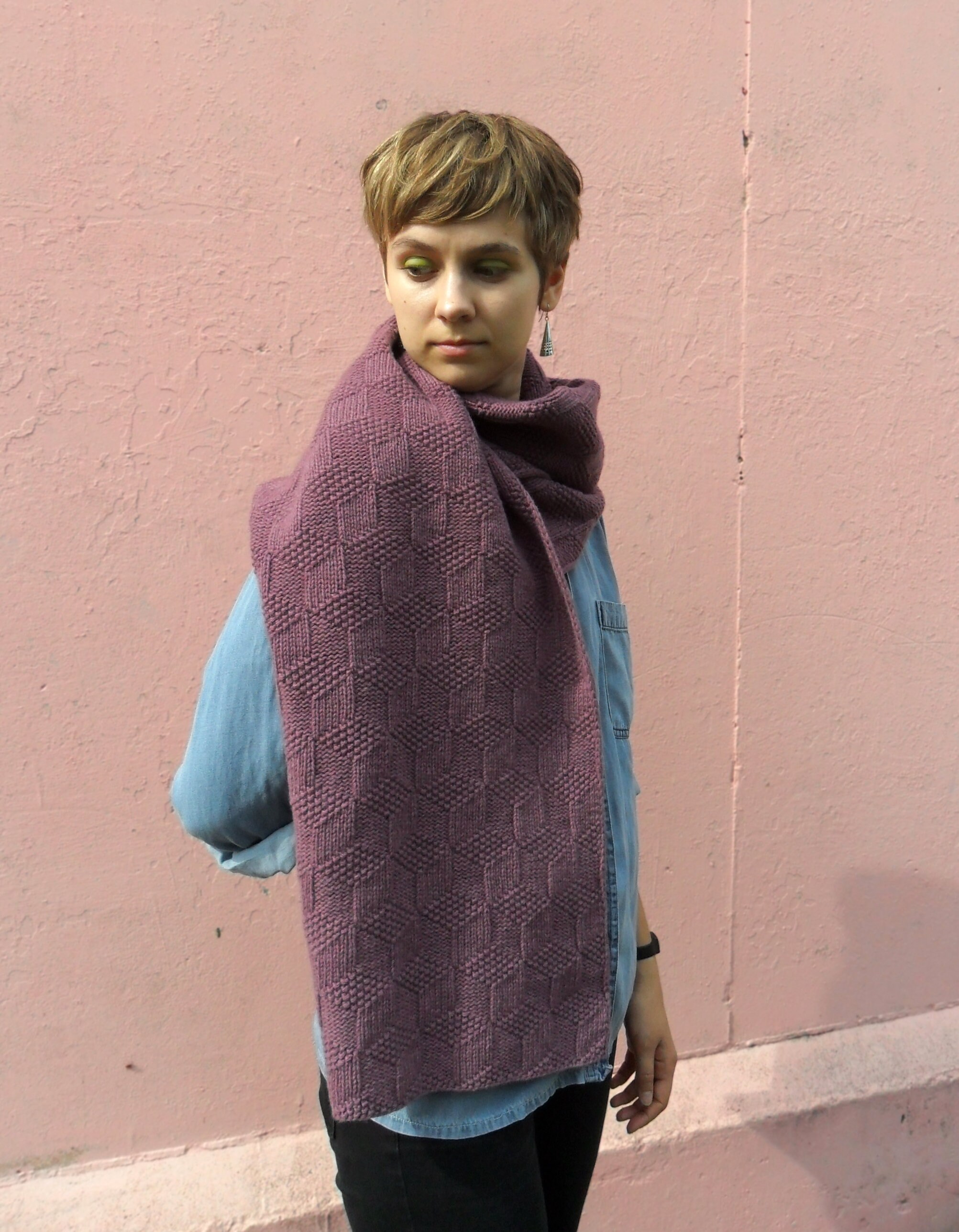 Oversized Scarf. Hand Knit Blanket Scarf. Wool Wrap in Dull Magenta. Handmade Valentine's Day