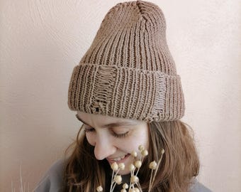 Distressed Beanie, Tattered Knit Hat, Grunge Ripped Beanie, Torn