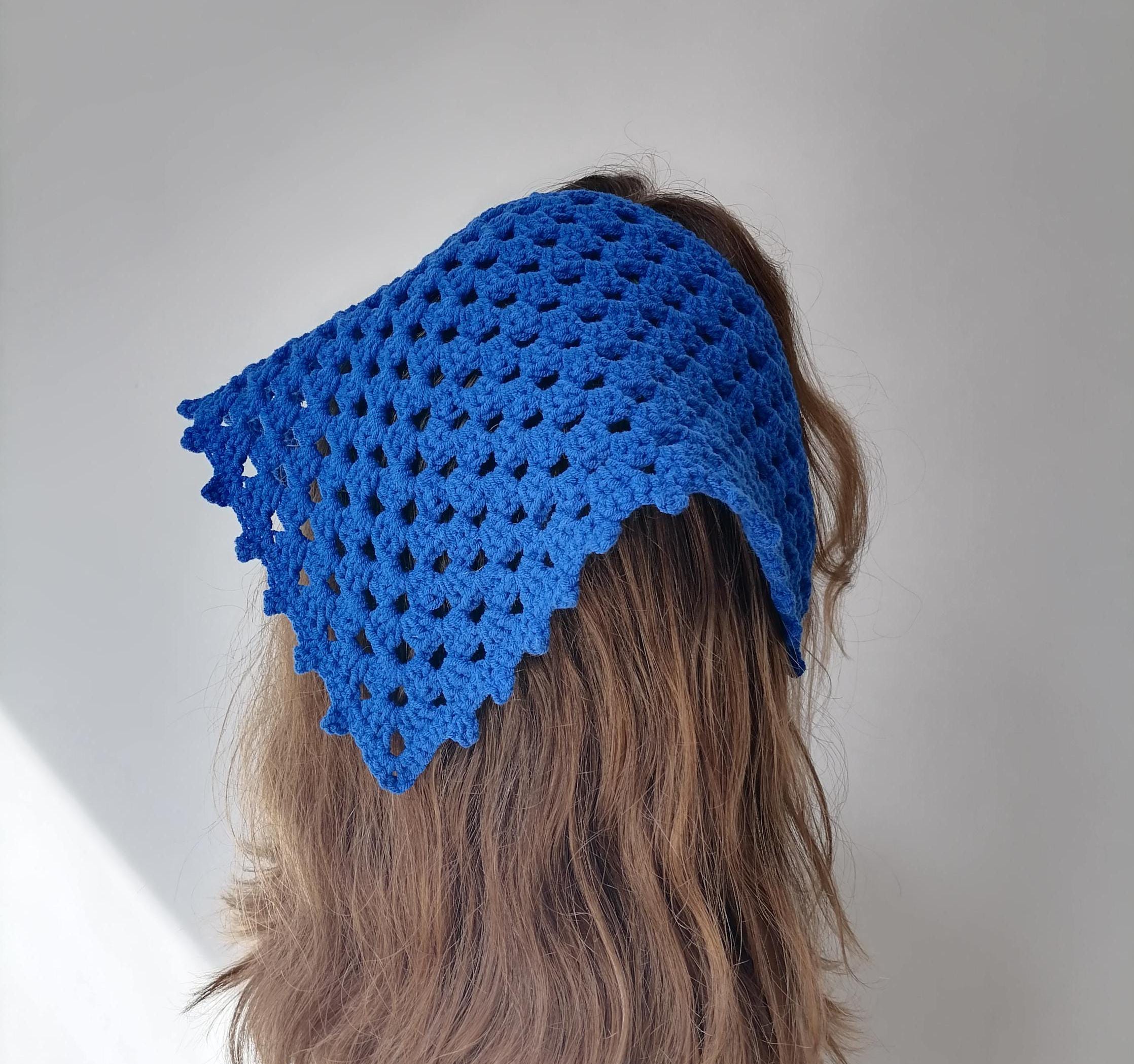 Blue Crochet Bandana Headscarf, Lace Cotton Kerchief, Hair  display picture 1