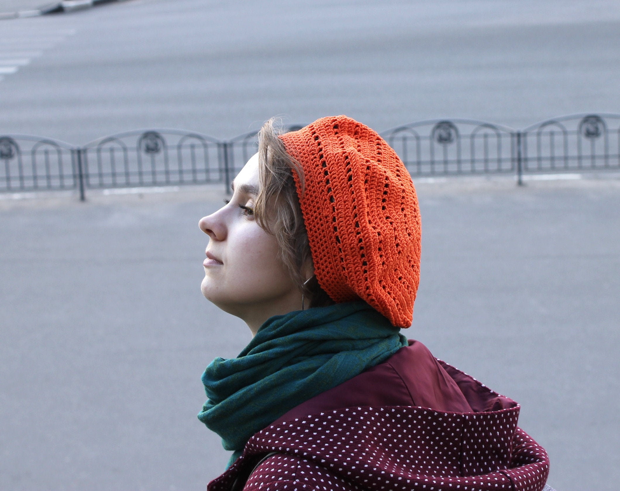 Orange Crochet Beret: Women's Cotton Tam, Hippie Style Vegan Hat