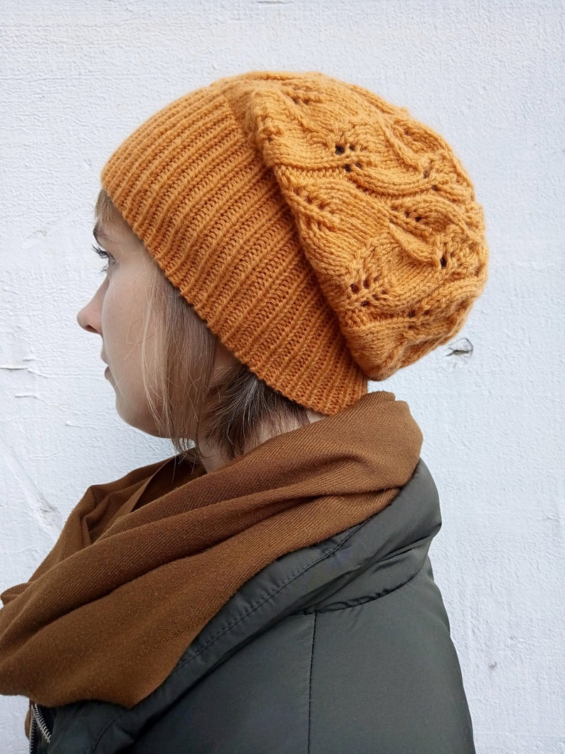 Winter toque Fall Bohemian slouch hat Aesthetic handmade gift Wool hand knit hat for women Spice orange slouchy beanie hat