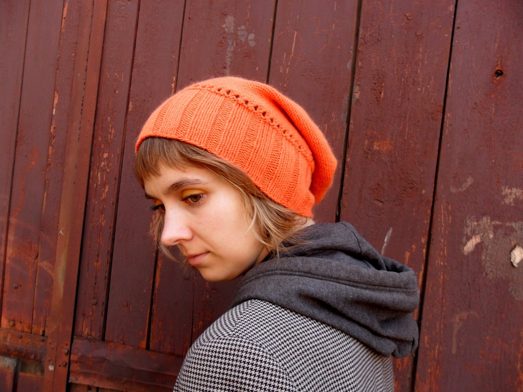 Orange Slouch Beanie Hat. Hand Knitted Slouchy Beanie Women 