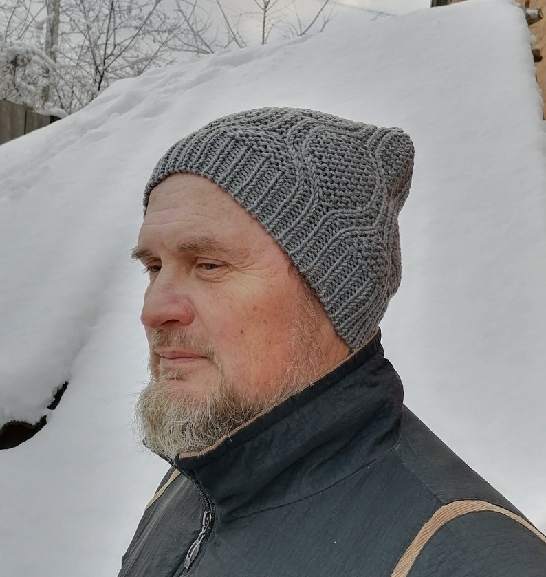 Winter beanie men's. Wool hand knit hat men. Blue skull cap Handmade gift for dad image 5