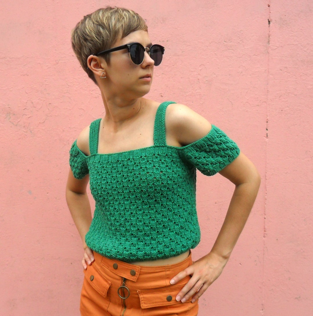 Emerald Green off the Shoulder Top. Y2k Crop Top. Crochet Tank Top