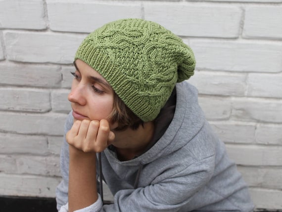 Celtic Slouchy Beanie, Irish Cable Hand Knit Hat, Merino Wool Aran Green Cap,  St Patricks Day gift