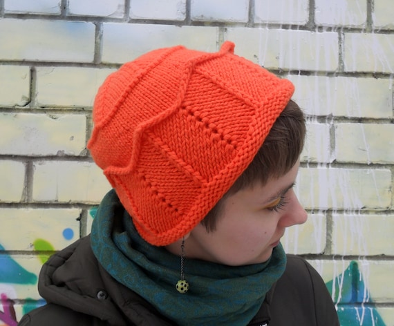 Orange Crown Beanie: Hand Knit Merino Wool Jughead Hat, Whoopee