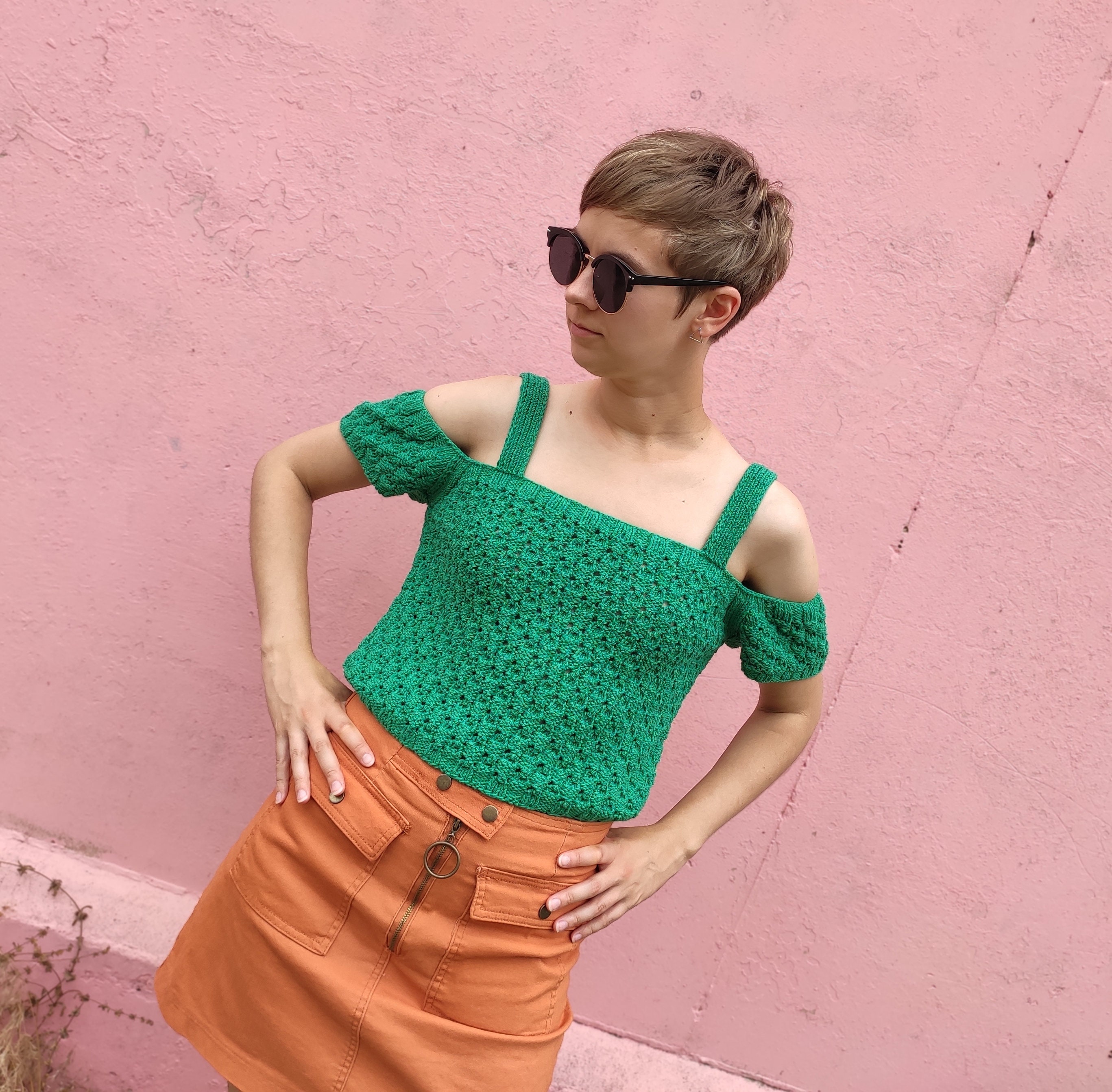 Emerald Green off the Shoulder Top. Y2k Crop Top. Crochet Tank Top