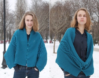 Oversized Blanket Scarf. Wool cape. Hand knit cabled scarf. Irish wrap shrug with buttons