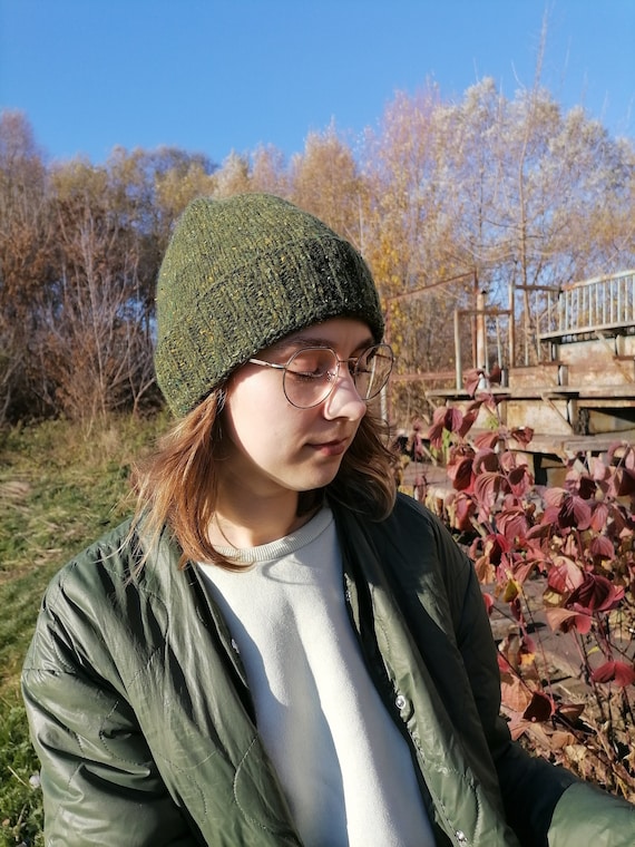 Green Men's Wool Beanie: Fisherman Hand Knit Hat with Rib Brim, Watch Cap