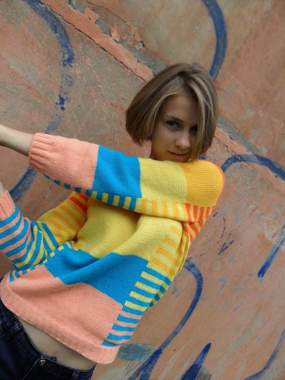Rainbow Cropped Sweater. Hand Knit Striped Colorblock Sweater for Women Personalized Colors Etsy UK