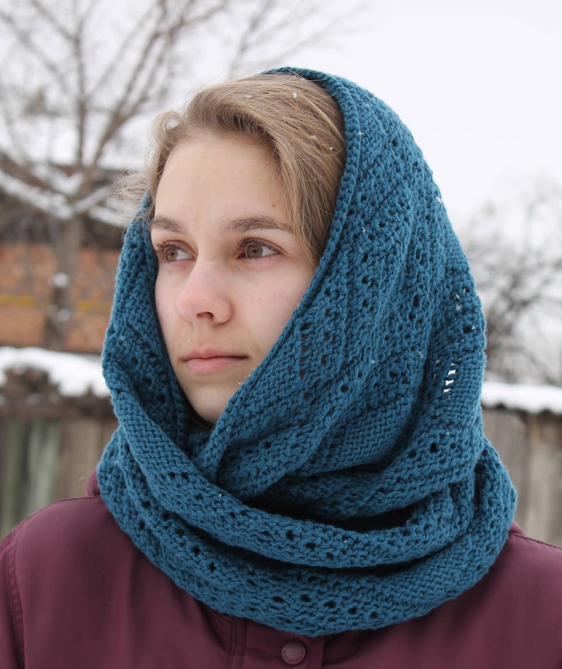 Hand knit cowl hood Infinity scarf Wool neck warmer Navy | Etsy