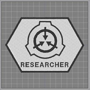 以下が含まれることがあります： 黒いシンボルと「RESEARCHER」という文字が黒で印刷された白い六角形のワッペンです。