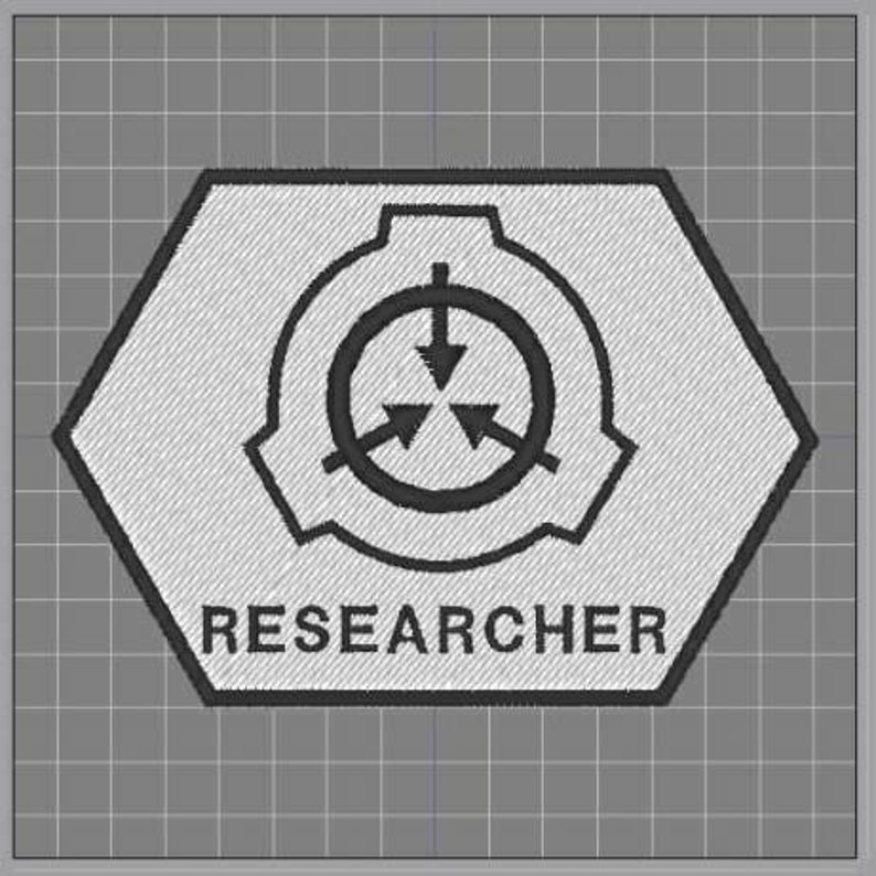 以下が含まれることがあります： 黒いシンボルと「RESEARCHER」という文字が黒で印刷された白い六角形のワッペンです。