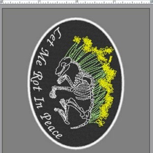 May include: Embroidered patch with a black oval background, featuring a white skeleton of an animal with yellow flowers and the text "Let Me Rot In Peace" in white. The patch has a white border.