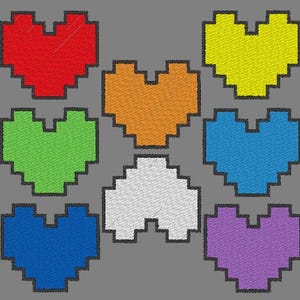 以下が含まれることがあります： 異なる色のピクセル化されたハートの形が7つあります。赤、オレンジ、黄色、緑、青、白、紫です。
