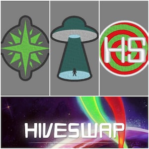 Könnte beinhalten: Drei gestickte Patches mit einem grünen und weißen Stern, einem grünen UFO mit einem Lichtstrahl und einer roten und grünen Zielscheibe mit den Buchstaben "HS" in Weiß. Die Patches befinden sich auf einem grauen Hintergrund. Der Text "HIVESWAP" ist in Weiß auf einem bunten Hintergrund.