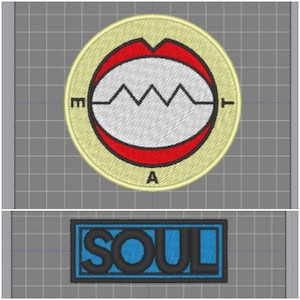 May include: Two embroidered patches. The first is a round patch with a red and white design. The design features a stylized heart with a jagged edge and a wavy line inside. The letters "E" and "T" are on either side of the design. The letters "A" is below the design. The second patch is a rectangular patch with a blue background and black text that reads "SOUL".