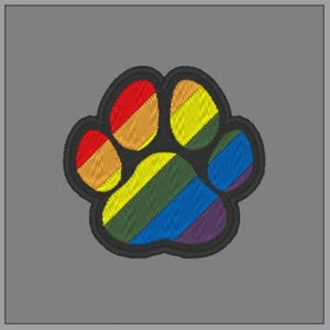 May include: Rainbow paw print embroidered patch. The patch is made of fabric and has a black outline. The colors of the rainbow are red, orange, yellow, green, blue, indigo, and violet.