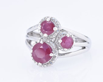 Ruby and Diamond Ring - Platinum Over 925 Sterling Silver - Ruby Ring - Size 8