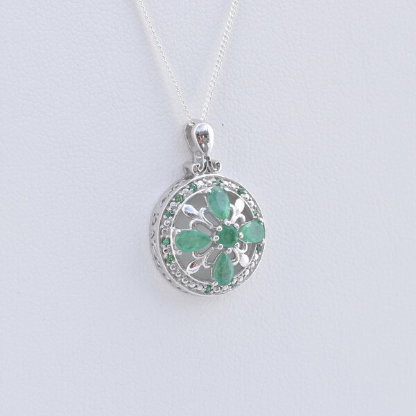 Genuine Emerald and Simulated Green Diamond Pendant With 18" Chain - Sterling Silver - Emerald Necklace - Emerald Pendant