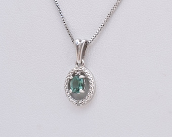 Teal Blue Green Apatite (4x5mm oval) and Diamond Pendant set in Platinum Overlay Sterling Silver with 18" Sterling Silver Chain