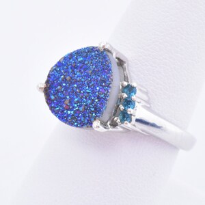 Blue Druzy Ring (Trl 4.35 Ct) with Neon Blue Apatite Accents - Platinum Over Sterling Silver - Size 9 - Sterling Silver Druzy Ring