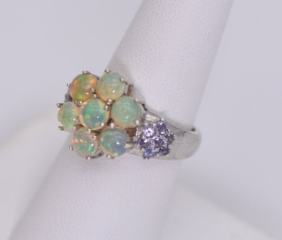 Opal and Tanzanite Cluster Ring - Platinum Over Sterling Silver - Opal Ring - Opal Cluster Ring - Opal Flower Ring