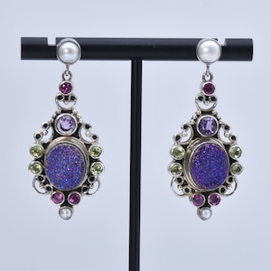 Blue Purple Titanium Druzy Earrings with Amethyst, Rhodolite Garnet, Peridot, Pearl - Sterling Silver Druzy Earrings - Nicky Butler Earrings