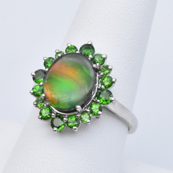 Natural Ammolite (10mmx12mm 3.10 ct) and Chrome Diopside Ring - 925 Sterling Silver - Ammolite Ring - Size 9