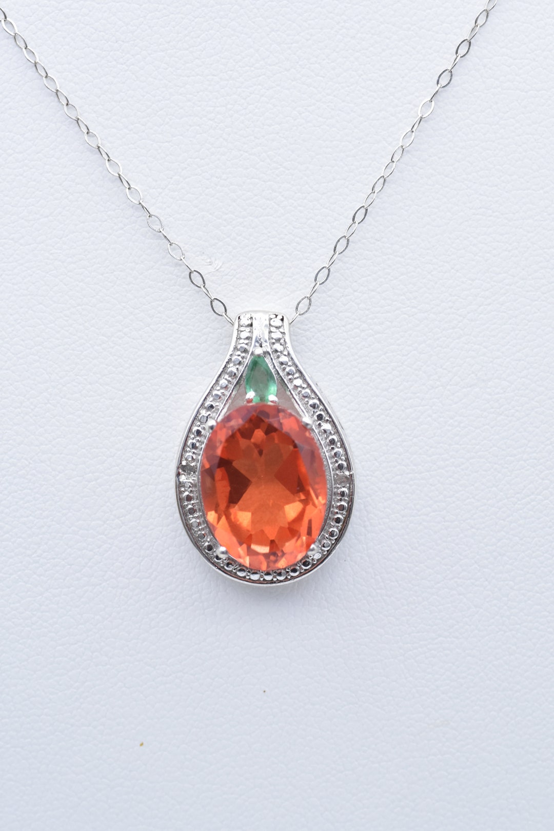 Sunfire Orange Quartz 16x12mm, Emerald and Diamond Pendant With 20
