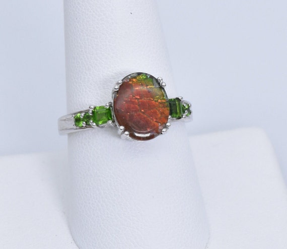 Natural Ammolite (11mmx9mm), Chrome Diopside Ring - 925 Sterling Silver - Ammolite Ring - Size 9