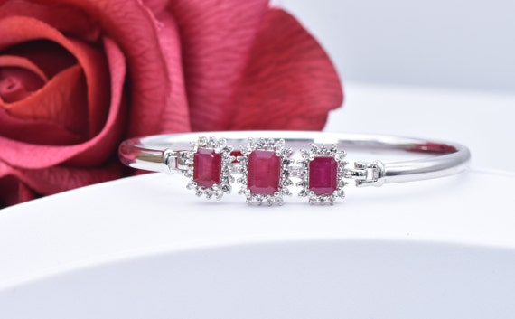 Genuine Ruby and White Topaz Bangle Bracelet - St… - image 3