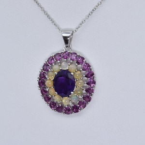 Genuine Amethyst (11mm x 9mm), Opal and Rhodolite Pendant with 18&quot; chain - 925 Sterling Silver - Amethyst Pendant - Amethyst Necklace