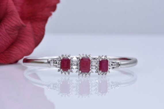 Genuine Ruby and White Topaz Bangle Bracelet - St… - image 4