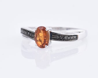 Genuine Citrine (7mm x 5mm) and Black Diamond Ring - Platinum Over Sterling Silver - Citrine Ring - Size 8