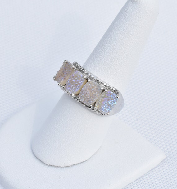 White Druzy Ring in Platinum Overlay Sterling Silv