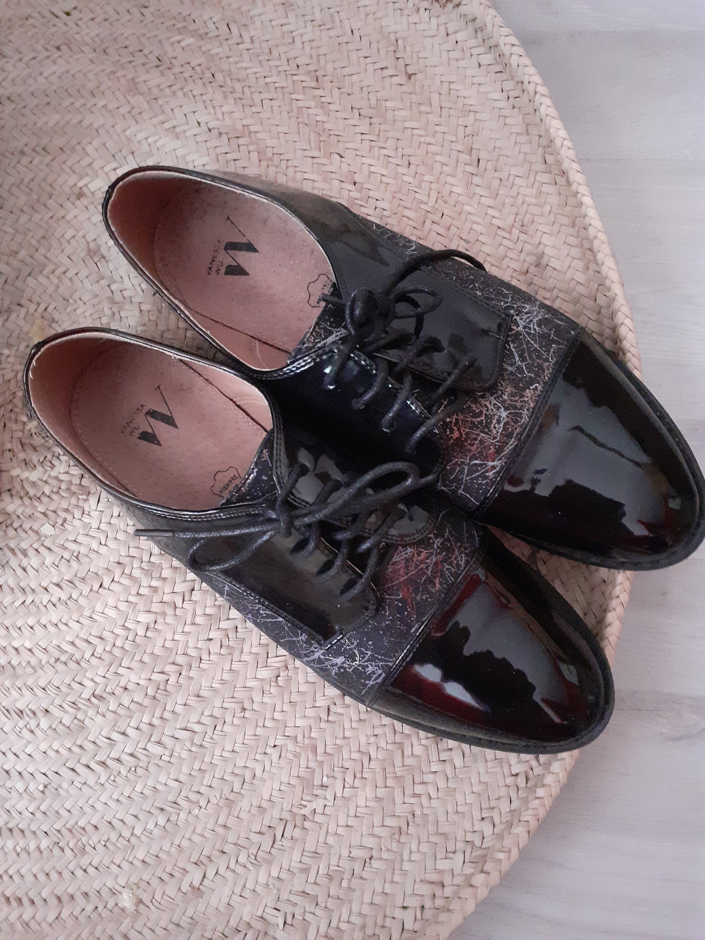 Vanessa Wu Dark Academia Old Money Black Patent Derbies