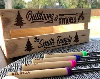 Personalized S'mores Crate Kit, Engraved Roasting Sticks, Campfire Gift
