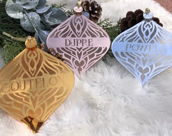 Metallic Arabesque Ornament - Custom Christmas Ornament - Family Name Ornament - Rose Gold Ornament - Silver Ornament - Gold Ornament