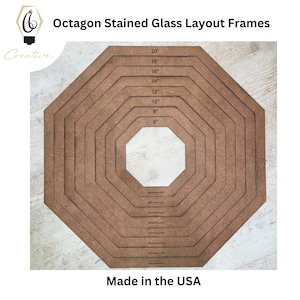 May include: A set of eight octagon-shaped stained glass layout frames made of wood. The frames are nested inside each other, with the largest frame measuring 20 inches in diameter and the smallest measuring 6 inches in diameter. The frames are labeled with their respective sizes in inches.