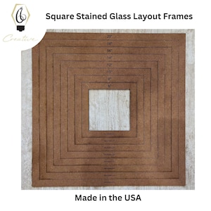 May include: A set of square stained glass layout frames in various sizes, ranging from 6 inches to 20 inches. The frames are made of brown wood and are designed to help crafters create stained glass projects.