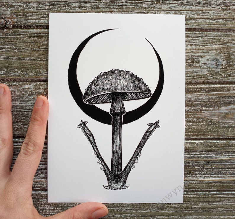 Mushroom Moon Art Print Fungi Art Mushroom Art Mushroom Illustration Fungi Illustration