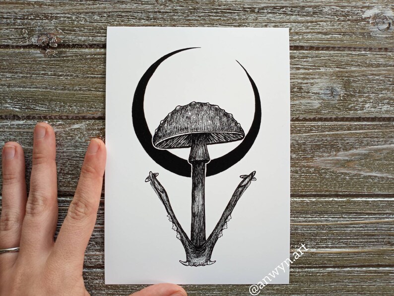 Mushroom Moon Art Print Fungi Art Mushroom Art Mushroom Illustration Fungi Illustration