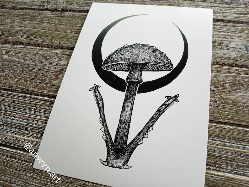 Mushroom Moon Art Print Fungi Art Mushroom Art Mushroom Illustration Fungi Illustration