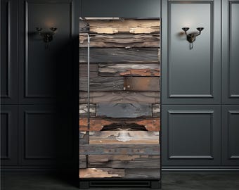 May include: A refrigerator with a weathered wood panel design. The door features a collage of horizontal planks in shades of brown, gray, and rust, creating a rustic aesthetic. The appliance is set against a dark wall with sconces.